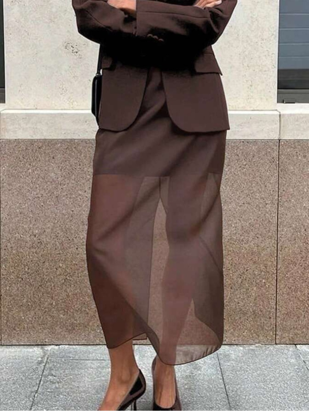 Brown Semi-Sheer Midi Skirt